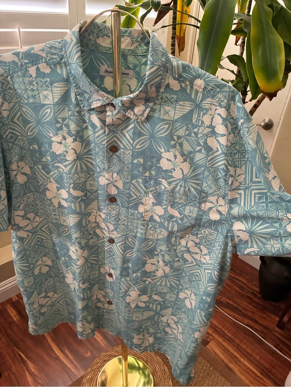 Tommy Bahama Aqua and White Hawaiian Patchwork Floral Shirt